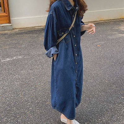 Qoo10 長袖デニムシャツワンピース デニムワンピ レディース服