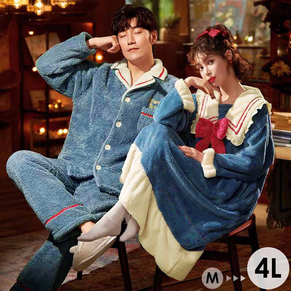 【期間特典】ペアパジャマ もこもこ 大きいサイズ ペア 部屋着 上下セット ズボン ワンピース セーラー風 パジャマ ルームウェア レディース 冬 メンズ 冬用ペア パジャマ メンズ あったか カップ