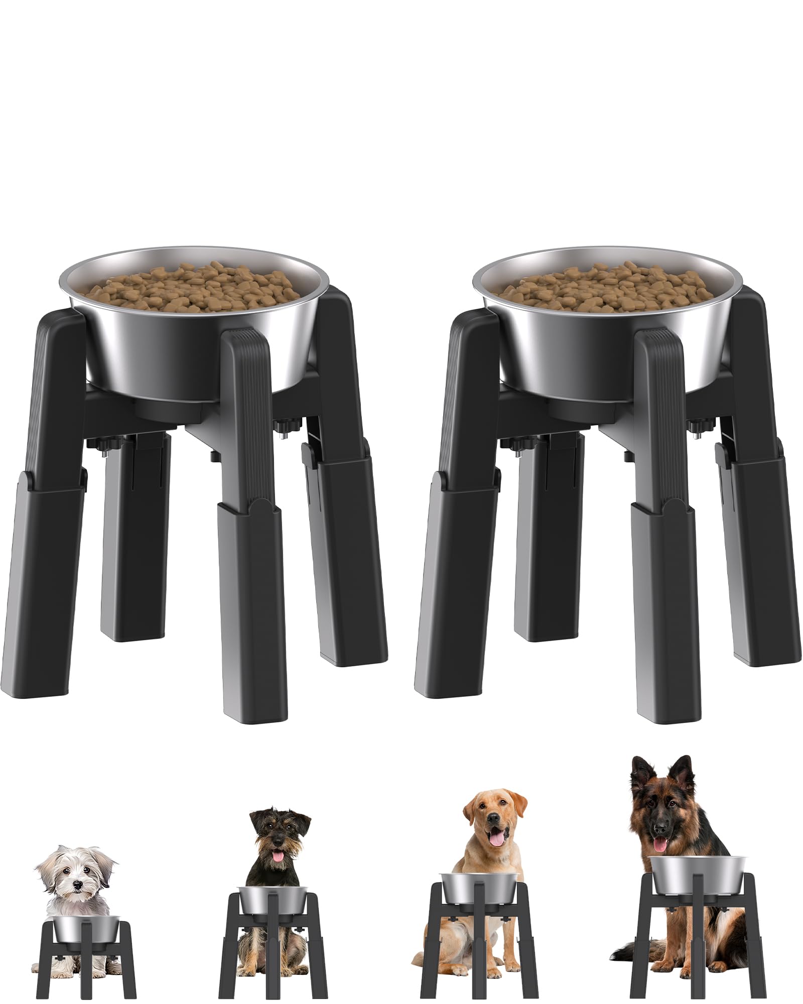 JUNSPOW 2個パック昇降式ペットボウルスタンド 【ステンレスボウル付き】 犬 水飲み フードボウル 餌入れ食器台 ご飯台 大容量適用 高さ・幅広さ調節可能 ABS材料 安定 滑り止め