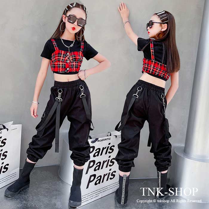 キッズ ダンス 衣装 セットアップ kpop ジャズ ヒップ ホップ 重ね着 ２ 点 セット へそ 出し タンク トップ チェック柄 トップス ジュニア パン 韓国