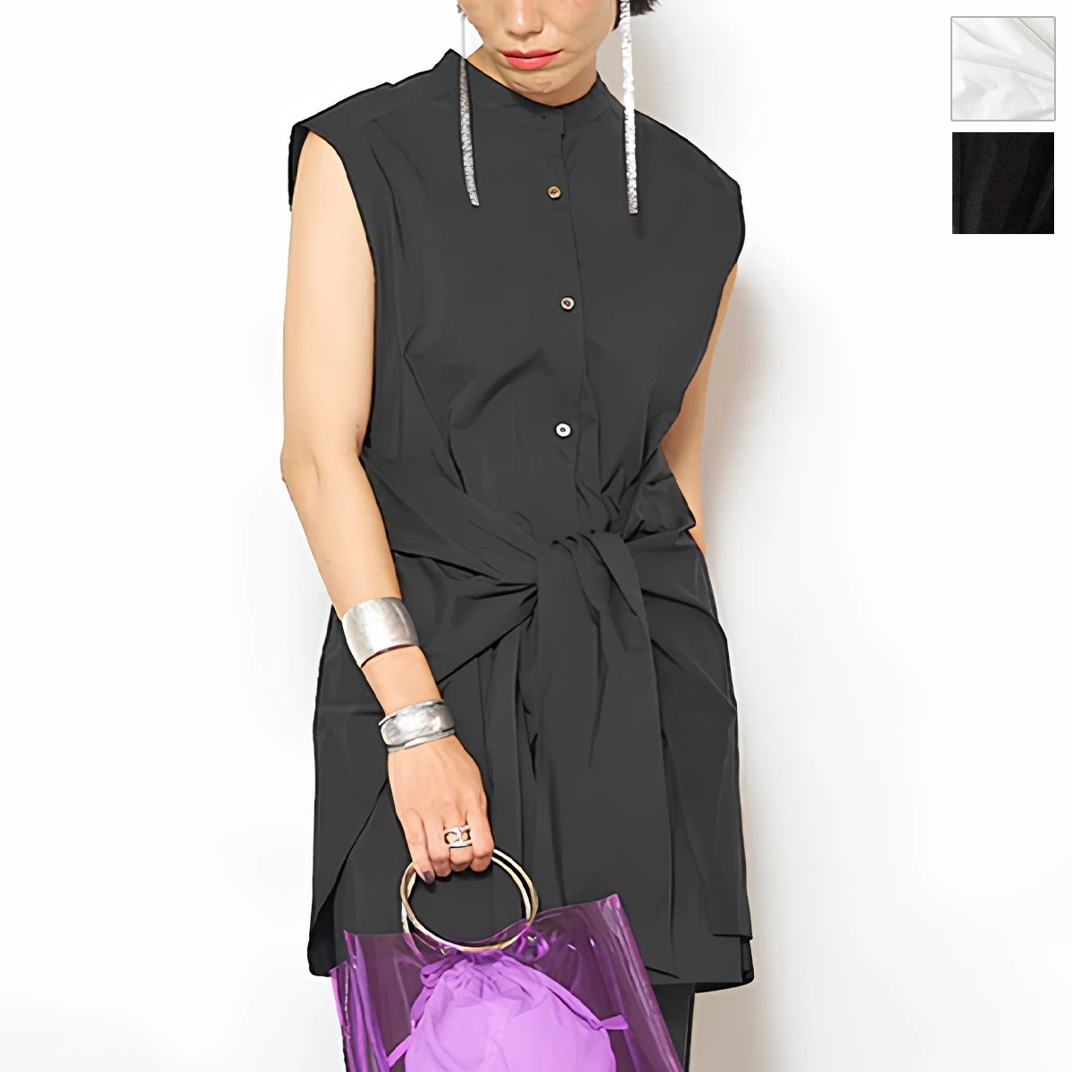 YENN イエン ノースリーブ シャツ Y252-12049 レディース ブラウス リボン チュニック丈 バンドカラー タイプライター カラー2色 【mega】