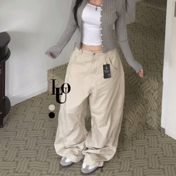 [フィットカラー保障/裾ストリング] くねくね デイリー ロング ワイド ポケット ポイント パンツ