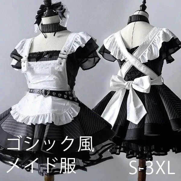 量産型 メイド服 ワンピース ストライプ柄 地雷系 ロリータ ゴスロリ ゴシック風 セットアップ レディース 女子 リボン ショート丈 ミニ フリル 半袖 レトロ風