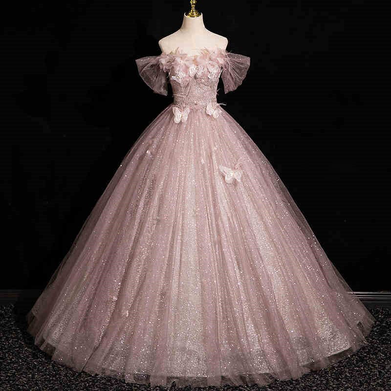 袖の取り外し可能 2way 蝶が舞うカラードレス ロングドレス パーティードレス ピンク 蝶 チュール ショール ウェディングドレス ウエディングドレス 結婚式 二次会 花嫁 前撮り 演奏会 発表会