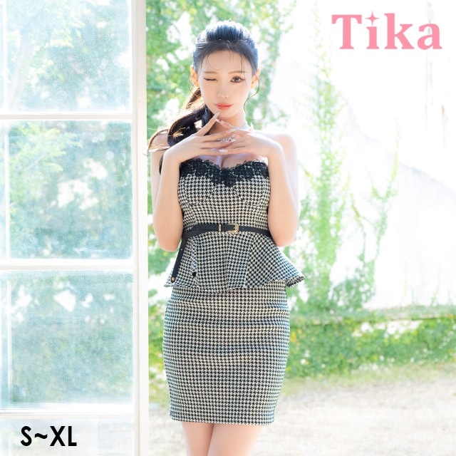 【即日発送】キャバ ドレス ミニ タイト 千鳥柄 ベアトップ ペプラム ワンピース S～XLサイズ ビジュー 大きいサイズ セクシー キャバドレス キャバ嬢 キャバクラ クラブ ラウンジ ノースリーブ 7,560円