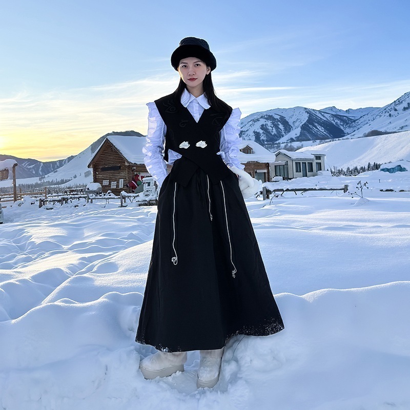 【J.Fashion】 お姫様 セットアップ ブラウス+ベスト+スカート 3セット フリル レディース セットアップ 関連商品は店で購入可能30%までに制限