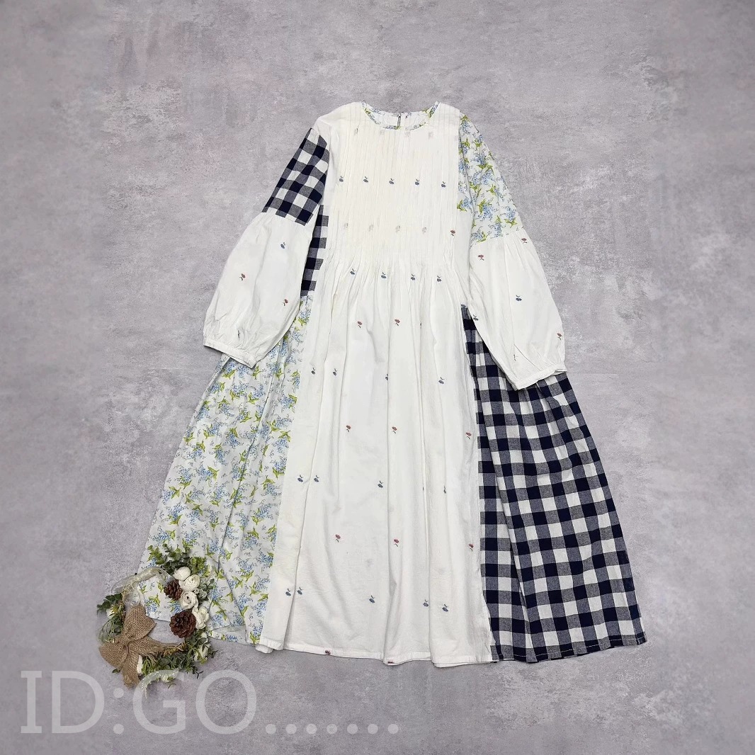 春新作 甘め 日系 切替え チェック 花柄 シワ加工 ゆったり 着回し ミディ丈 ワンピース