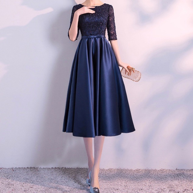 ドレス パーティー 披露宴 演奏会 発表会 ステージ 舞台 キャバ 衣装 コスプレ コスチューム 演劇 クラブ 膝下 マキシ 5分袖 クルーネック プリンセスライン Aライン レース 刺繍