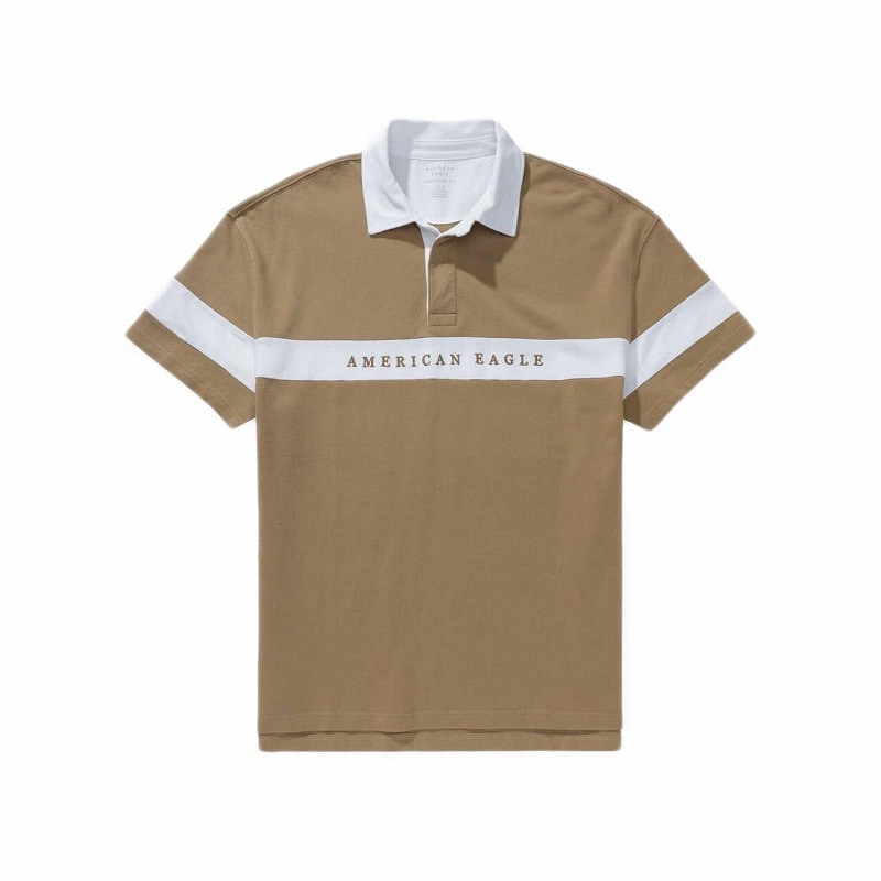 メンズ スタンダードフィット 半袖 ラグビー ポロシャツ サンドベージュ