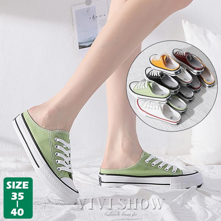 [新品入荷]かかとなし スニーカー レディース サンダル キャンバス シューズ 厚底 靴 通気 軽量 歩きやすい 疲れない 夏 スニーカーサンダル ぺたんこ