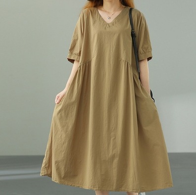 ワンピース モテアイテム 可愛い 膝下 ミディアム丈 5分袖 パフスリーブ ドロップショルダー Vネック フレア Aライン ポケット 通気性 ギャザー ギャザー使い 薄手 かわいい 可愛い