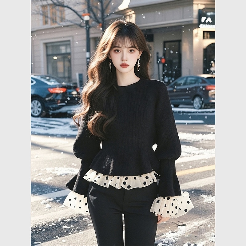 2024冬今年人気の韓国の優しいスタイル個性的で着痩せする女性用ブラックスプライシング水玉模様セーター
