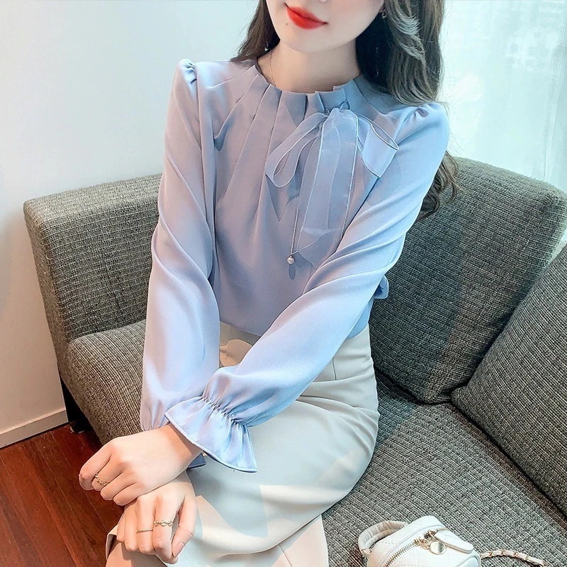 春新品シャツトップスオフィス通勤Tシャツシフォン韓国ファッション可愛い 長袖 ラウンドネック無地レディースゆったり