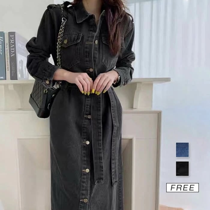 デニム ワンピース 長袖 ロング丈 春 秋 長袖ワンピース デニムワンピース スリット リボン ゆったり きれいめ 無地 ロングワンピース シンプル 大きいサイズ マキシ丈 体型カバー 痩せる効果 a