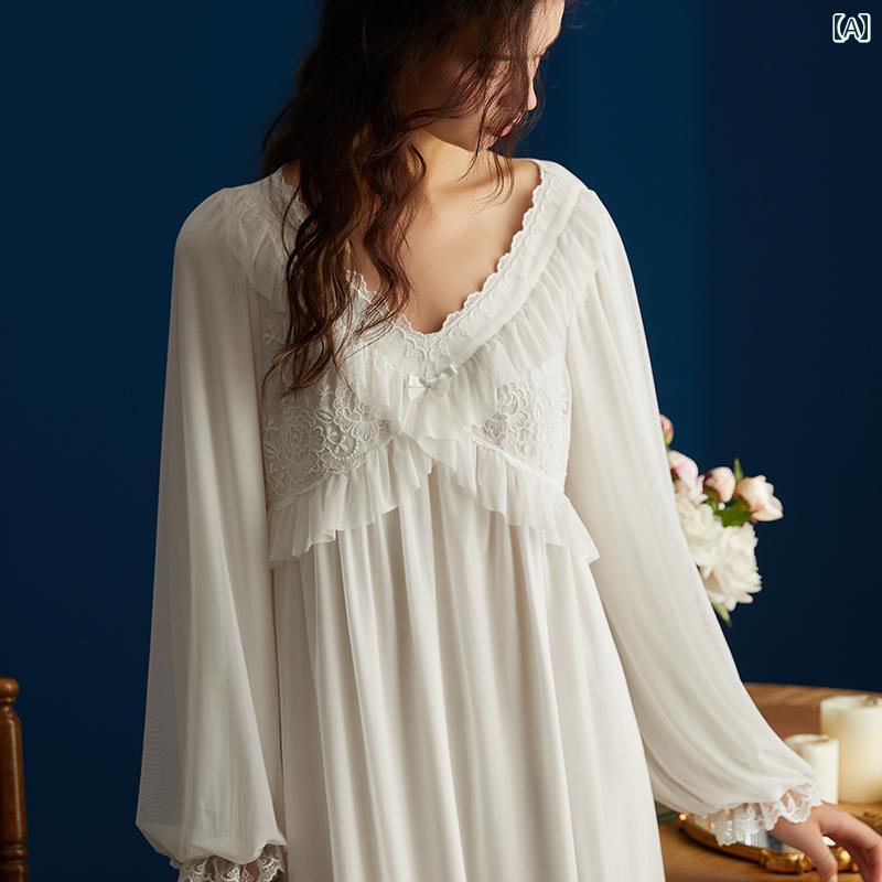 ネグリジェ パジャマ 宮殿風 レディース 長袖レースフリルシフォンワンピース ドレス ローブ シンプル フレンチ刺繡 ルーム ナイト ホームウェア