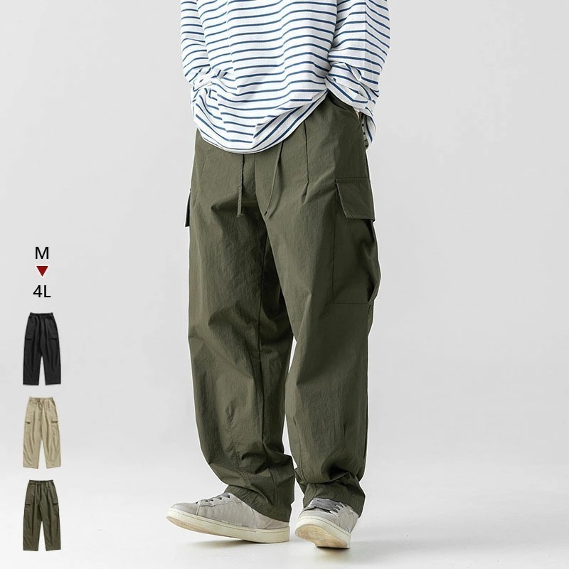 ワイドパンツメンズ パンツ バギーパンツ ゆったり 夏用 10分丈 長ズボン マルチポケットワークショーツ ボトムス 上品 無地 ワイドテーパードパンツ ウェストゴム 綿 コットン オールシーズン