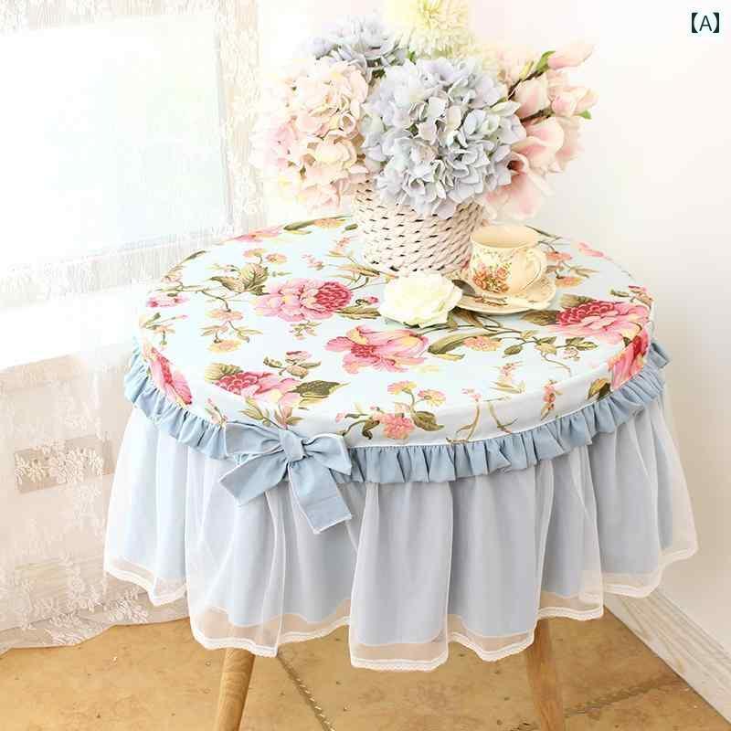 テーブルクロス 円形 レース フリル コットン リネン チェスト わき机 円卓 ダイニング リビング 寝室 インテリア 装飾 個性 かわいい 青 緑 ベージュ 花柄 リボン