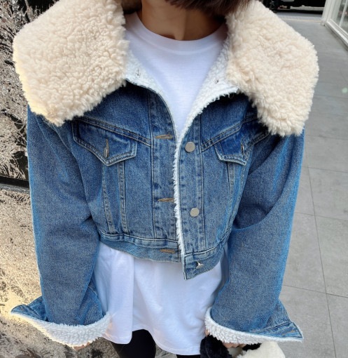 2024 新人デザイナー レトロ ウール ラムウール スプライシング ラージカラー デニム ジャケット 5,236円