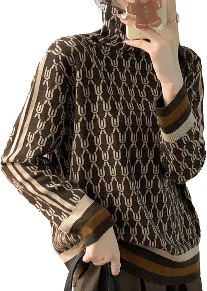 ニット レディース 幾何学柄 ハイネック セーター 長袖 ドロップショルダー プルオーバー ライン お洒落 エレガンス おしゃれ着 10部袖 リラックス 柄物 普段着(ブラウン, L)