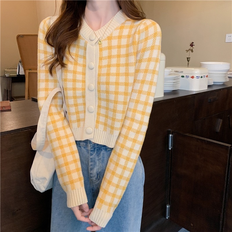 レディース トップス カーディガン 前開き ショート 長袖 萌袖 Vネック タイト ブロックチェック ニット かわいい 大人可愛い きれいめ シンプル カジュアル 上品 おしゃれ こなれ感 ラフ