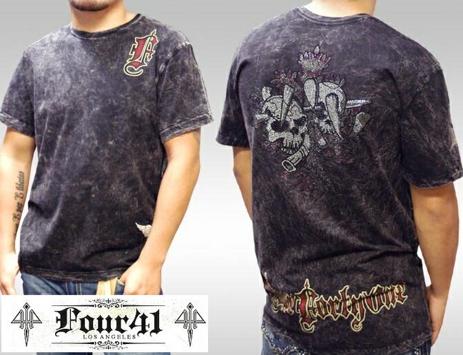 Four41 Los Angeles フォーフォーティーワン メンズ ラインストーン Tシャツ ダブルスカル ブラック M-22 スワロフスキー インポート セレブ ブランド ストリート LAセレブ