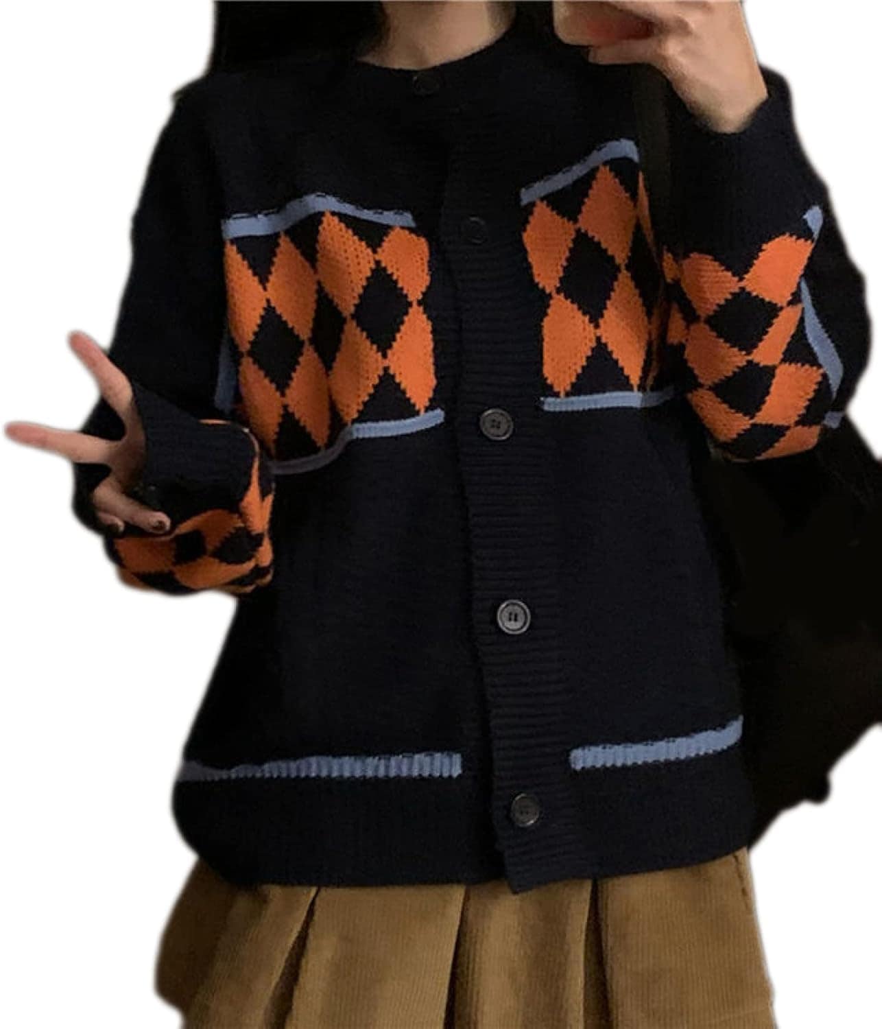 カーディガン レディース アーガイル柄 クルーネック ドロップショルダー おしゃれ レトロ ふんわり 上着 カジュアル 大きいサイズ アウター セーター 普段使い レギュラー丈 キレ