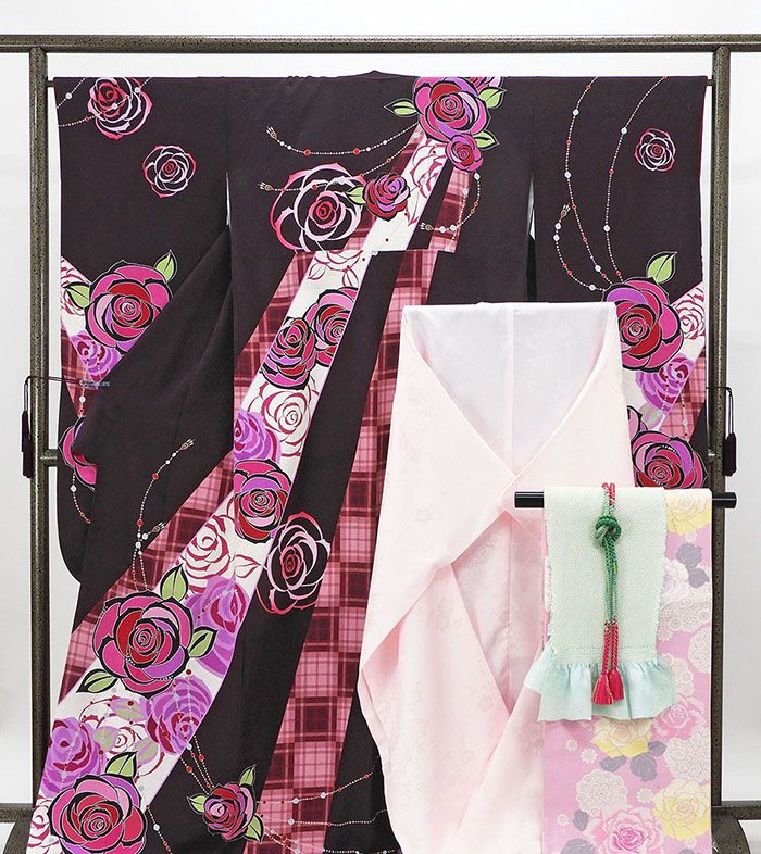 振袖 正絹 薔薇格子模様 5点セット 身丈168cm 裄丈66cm 袋帯 長襦袢