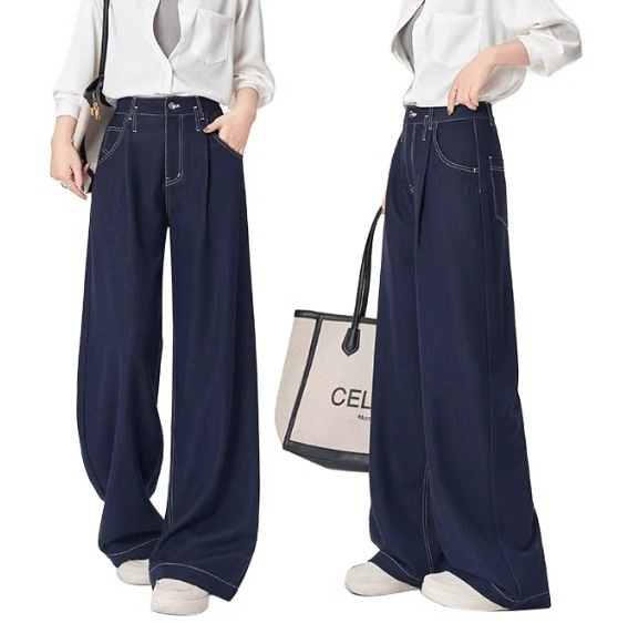 レディース パンツ ボトムス デニム ロングパンツ デニムパンツ ロング 丈長 フルレングス ワイド スリム 細身 裾ワイド ストリート ファスナー ポケット ハイウエスト ボタン アメカジ デニム