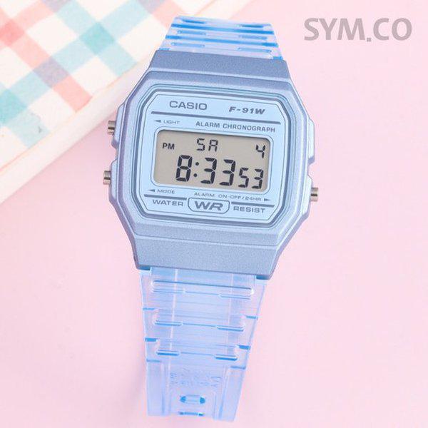 F-91WS-2 軽量スリムクリア透明デジタルカジュアルメンズウレタン時計 d