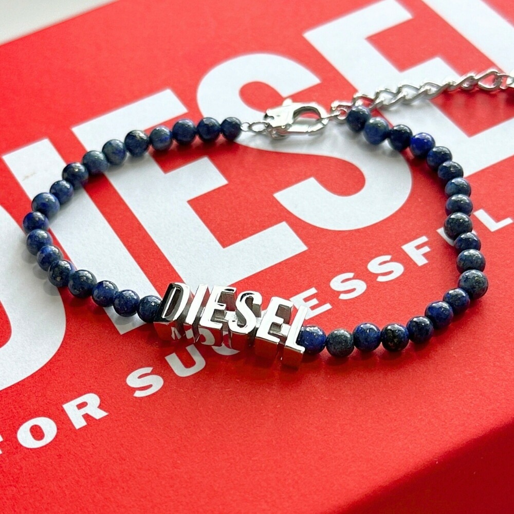ディーゼル DIESEL ブレスレット メンズ レディース ユニセックス おしゃれ ブルーアゲート 天然石 数珠タイプ ステンレス ロゴチャーム ブランド アクセサリー ギフト プレゼント DX154