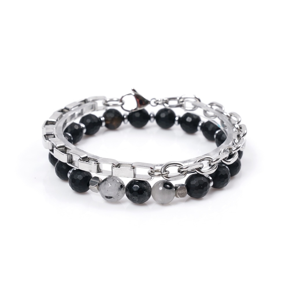 JBANS クラシックボックスカットダブルサージカルスチール 740 チェーンカットオニキス 072 ジェムストーンブレスレットセット (C2101-SE208_BK)