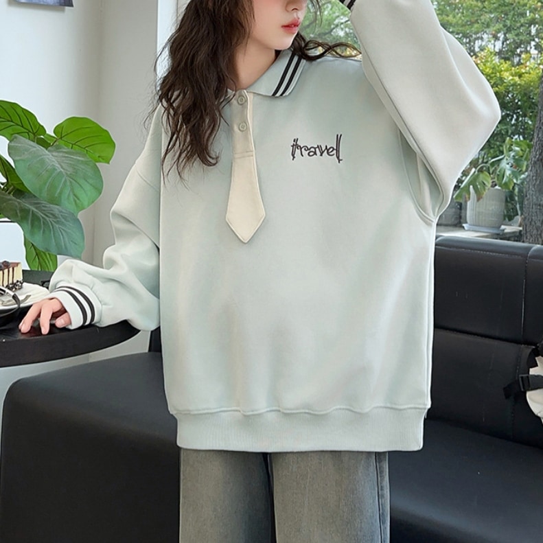 トップス プルオーバー トレーナー スウェット 子供用 子供服 キッズ ポロシャツ 長袖 萌袖 襟付き ポロカラー ワイド オーバーサイズ ボタン かわいい シンプル カジュアル おしゃれ かっこいい