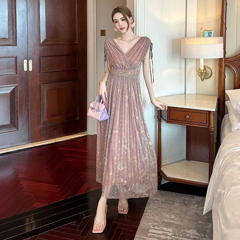 【JY.上品】 2025夏 vネック 巾着 プリーツ ロングワンピース Aライン ドレス パーティードレス大人 同窓会 披露宴 卒業式 結婚式 演奏会 ウェディング 二次会 メガ割