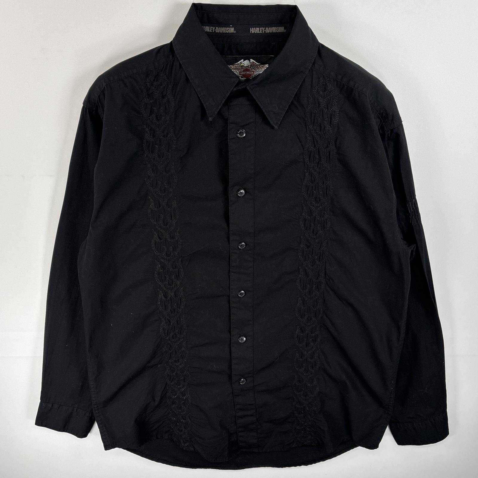 古着 長袖シャツ ボタンダウンタイプ ファイヤーデザイン ワンポイント 刺繍 ロゴ S ブラック 無地 メンズ