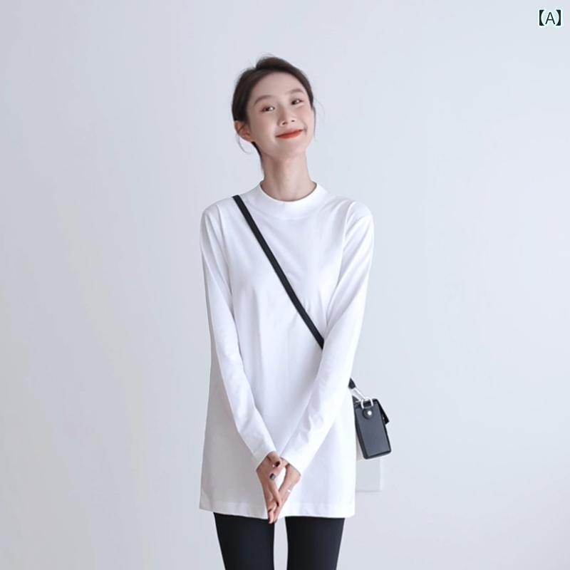 Tシャツ 大きいサイズ Tシャツ 大きいサイズ ミディアム 丈で ヒップを カバー できる ミニマル レディース 綿 Tシャツ 長袖 ハーフ ハイ カラー アウター スタンドカラー レイヤリング シャ