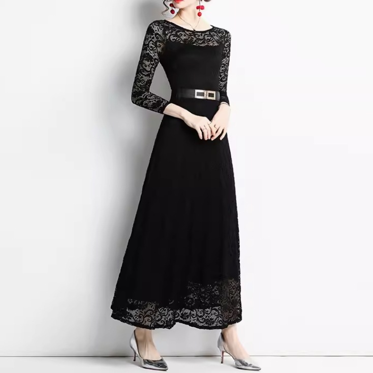 ドレス ワンピース ウェディング パーティー 結婚式 二次会 披露宴 演奏会 発表会 ステージ ダンス 衣装 ミモレ 7分袖 ラウンドネック 襟なし スリム 細身 Aライン レース ベルト 6,494円