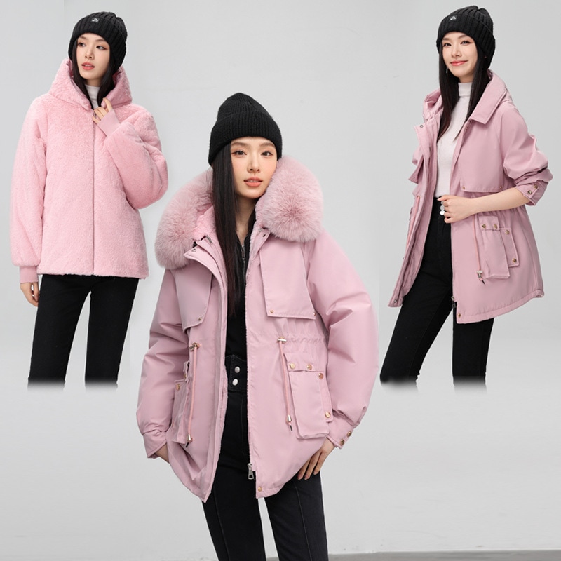 ワンピーススリーウェアショートパーカーレディース 2024 冬の新しい韓国スタイルのダウンジャケット厚くベルベットの暖かいジャケット