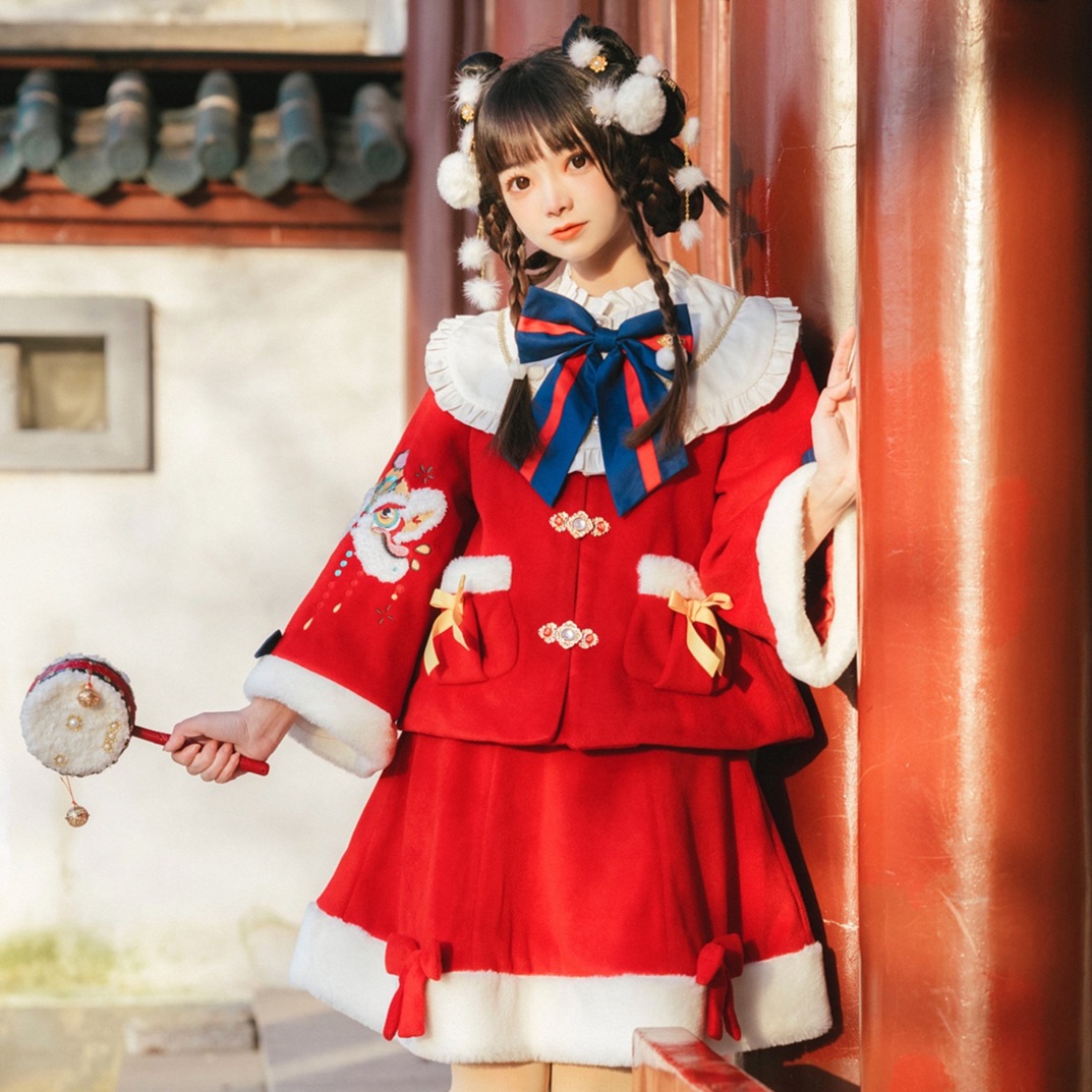 賀歳毛のセットクリスマス刺繍加絨セット ロリータワンピース