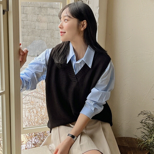 甘い羊頭 Vネックルーズフィット ニットベスト_ビッグサイズ