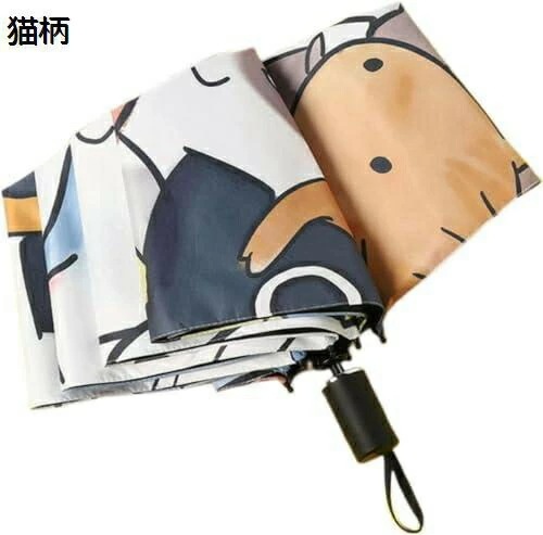 漫画 猫柄 傘 黒 コーティングされた 日焼け止め傘 三つ折り傘 雨と太陽用 ポータブル 旅行傘 かわいい