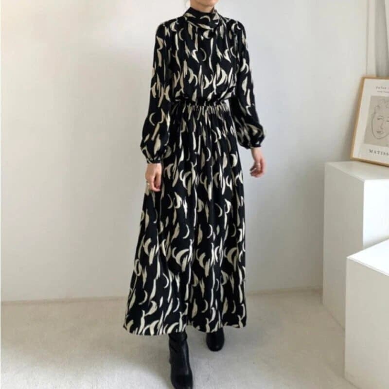 ワンピース 膝下 ロング丈 袖あり 長袖 パフスリーブ リボンネック シフォン きれいめ シンプル カジュアル 上品 おしゃれ レトロ 個性的 クール エレガント グラフィック 春 秋 10代 20代