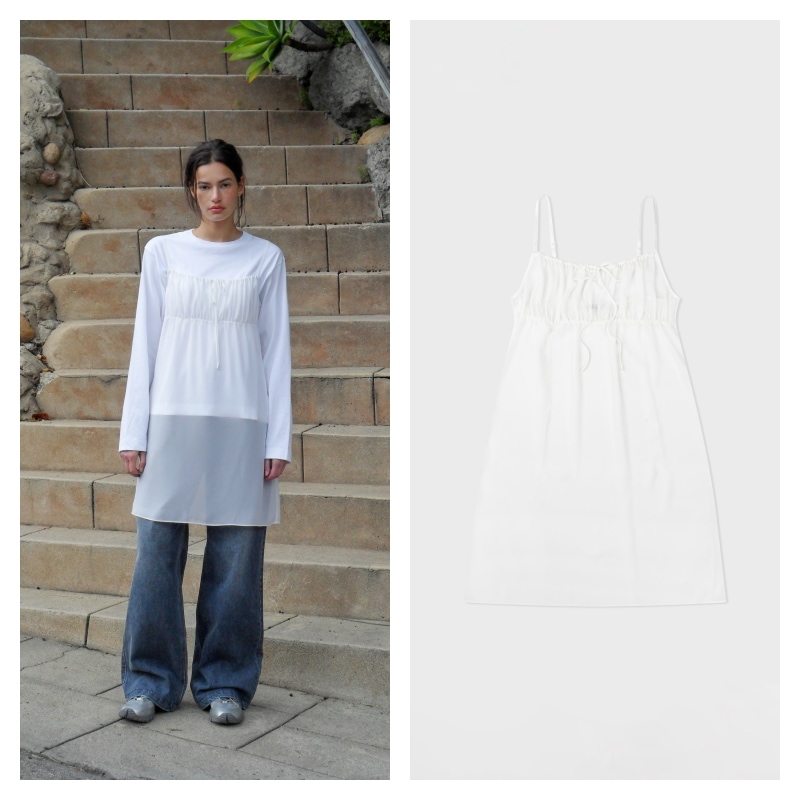 【LOW CLASSIC】 SHEER RIBBON LAYERED DRESS : WHITE