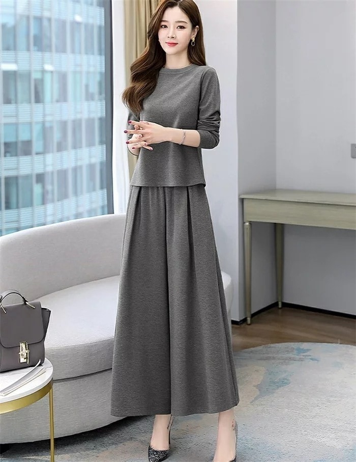 セットアップレディース春秋冬秋2点セット　上下セットワイドパンツ長袖無地ふんわりブラウストッポスウェストゴム　カジュアル　春秋冬秋服　お洒落上品通勤入学式卒業式セレモニーオフィス着痩せ脚3040