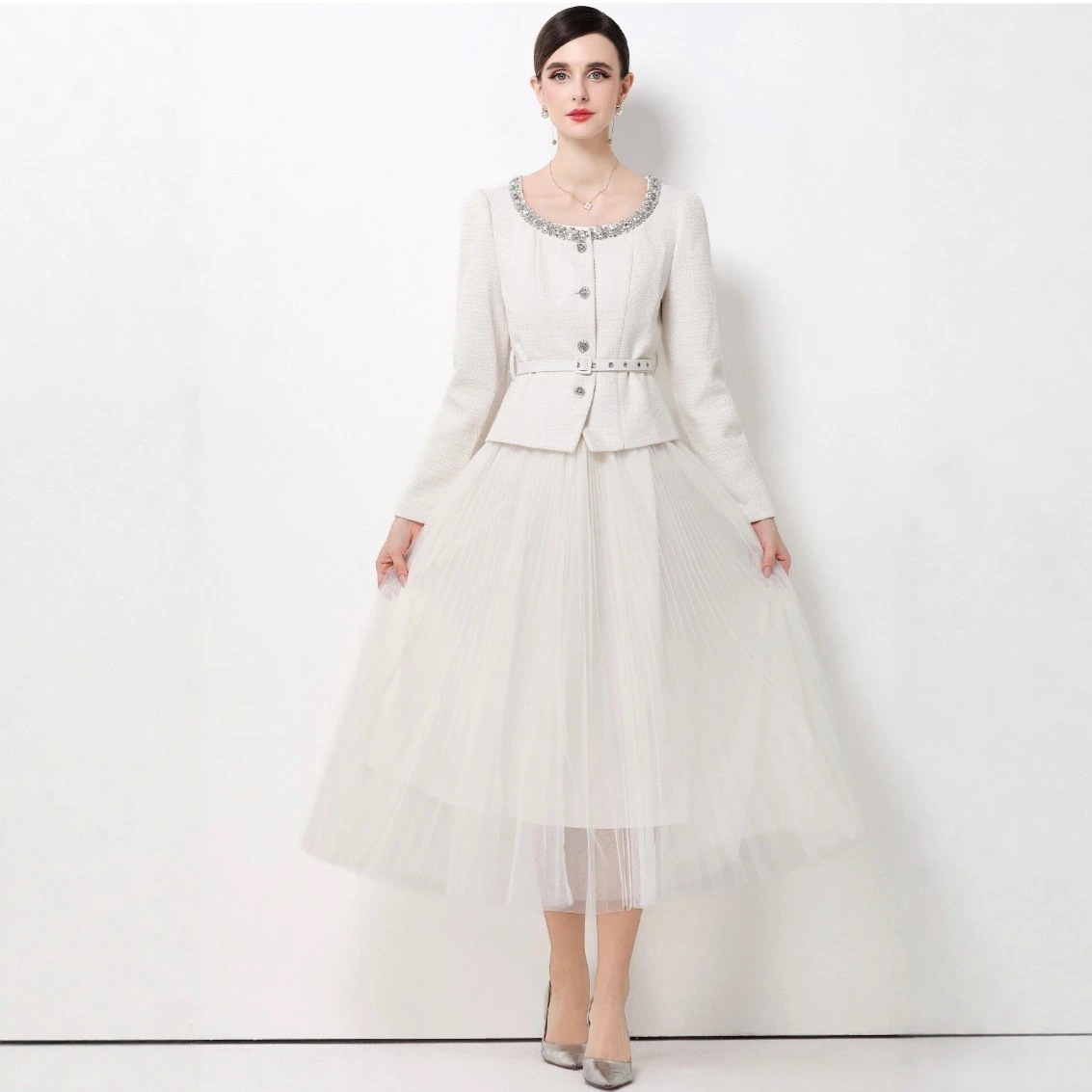 ビーズ付きウエストニットジャケット+シフォンプリーススカートツーセット 入学式 卒業式 結婚式 演奏会 パーーティー お呼ばれドレス 6,159円