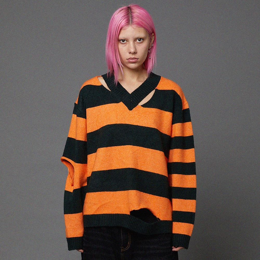 Stripe cut-out V neck knit ORANGE