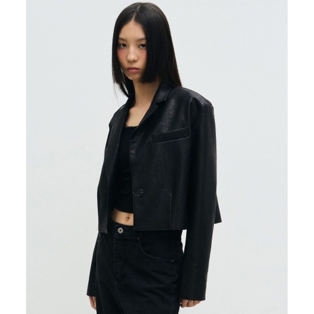 ニック&ニコールワンボタンクロップレザージャケット_ブラック