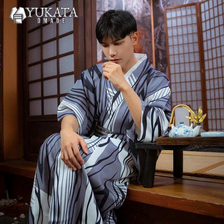 出荷が迅速である 独占販売 浴衣 メンズ 縞柄 6点セット グレー 男性 男性用 紳士 和服 作り帯 男 ゆかた 夏服 ポリエステル浴衣 浴衣セット ギフト プレゼント かっこいい おしゃれ 人気 本