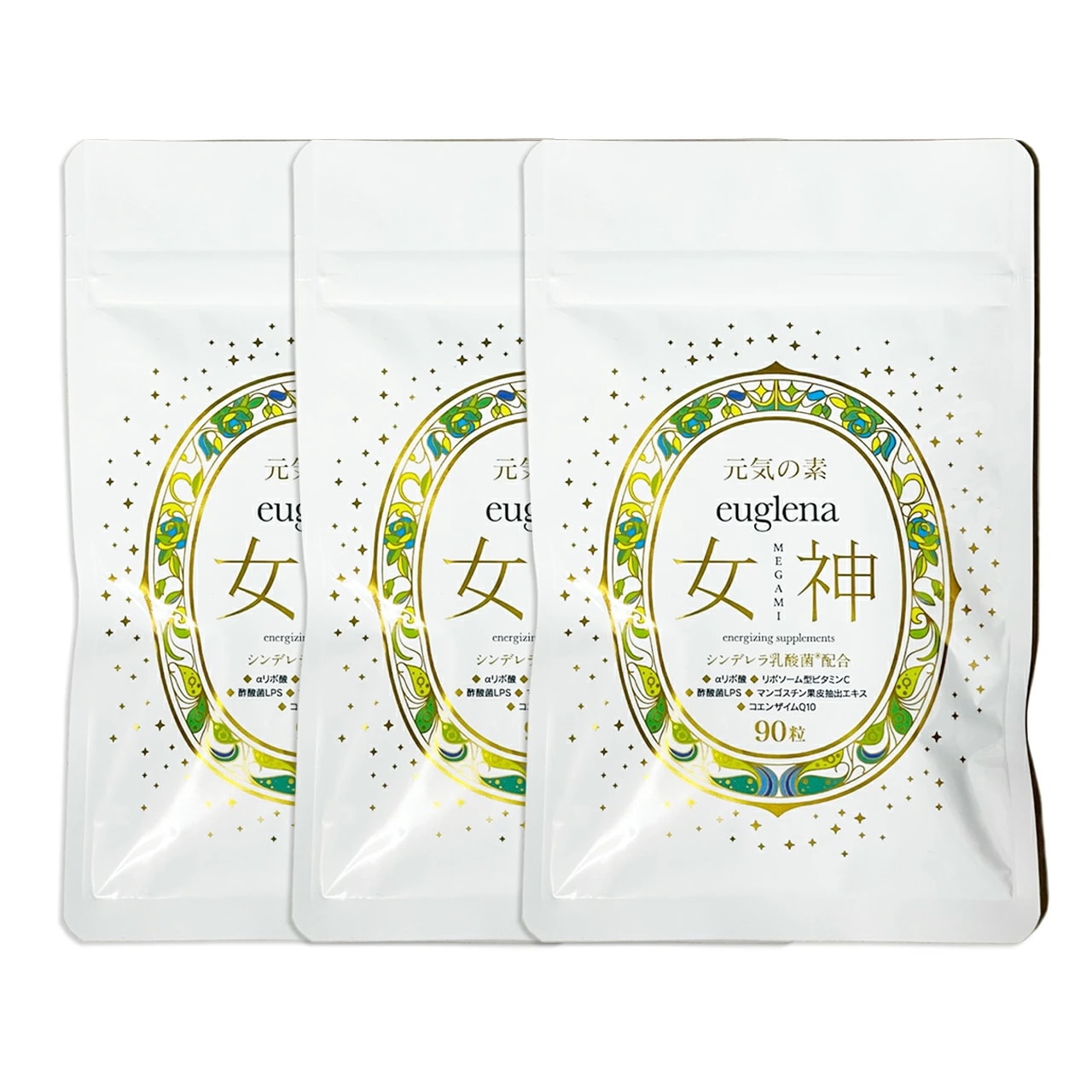 元気の素　ユーグレナ女神　90粒×3袋　約3か月分　妊婦ｏｋ　石垣島ユーグレナ使用　特許成分シンデレラ乳酸菌配合　マルチビタミンαリポ酸コエンザイムQ10LPS免疫ビタミンマンゴスチンアクアリポ