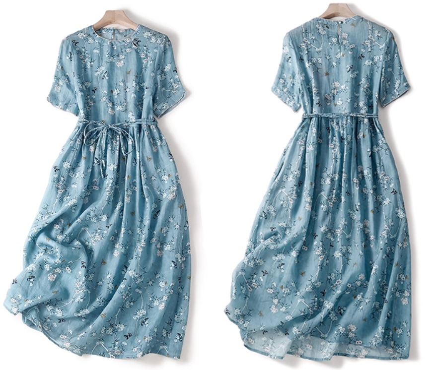 ワンピース フレア 5分袖 ラウンドネック Aライン リボン ウエストマーク 大人可愛い おしゃれ レトロ こなれ感 ラフ ガーリー エレガント ラブリー キュート カントリー 花柄 フラワー 春