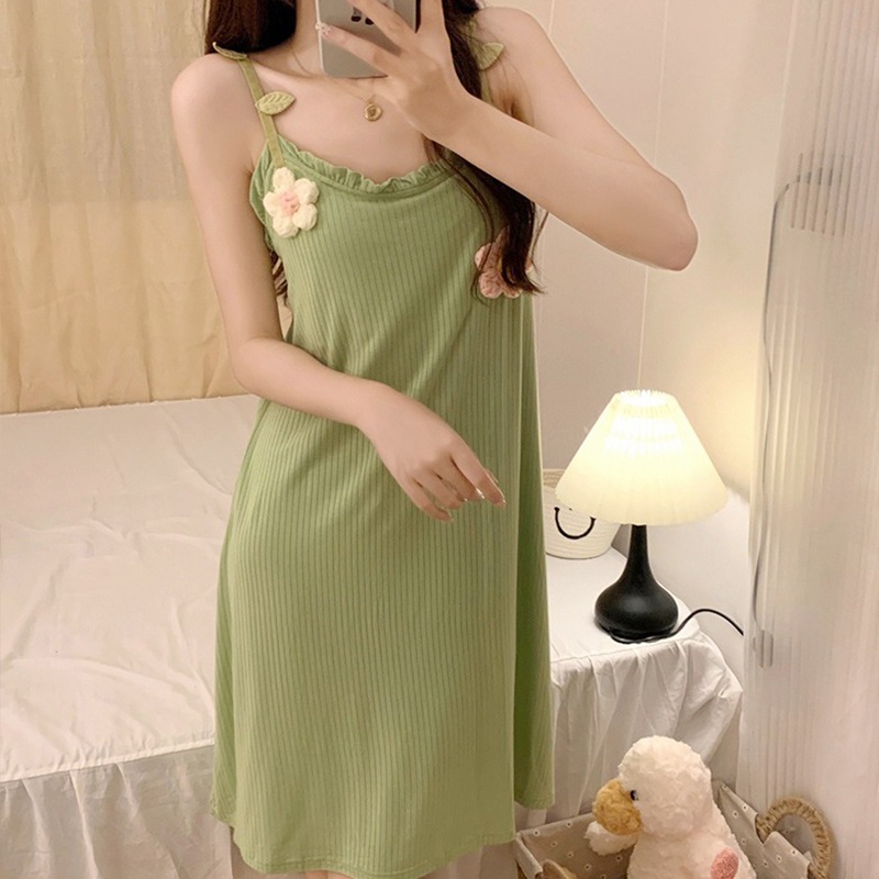 ナイトガウン 胸パッド付き 女性用 夏用 サスペンダー フォレストグリーン ホーム服 夏用 バンプ防止 女性用パジャマ 夏用
